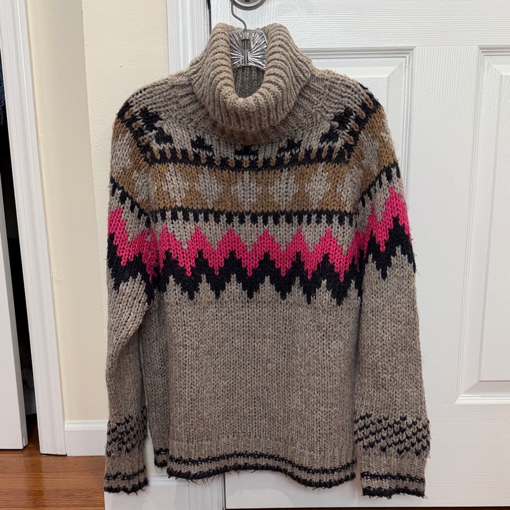 John + Jenn Taupe Fair Isle Turtleneck Sweater with Pink & Black Accents